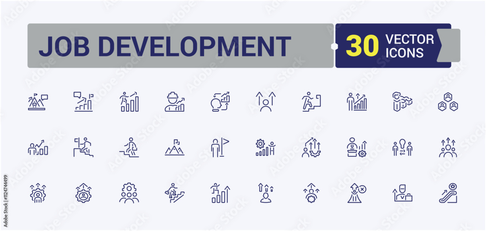 Job Development line icons set. It contains symbols to week, time, appointment, simple, line. Perfect for logos and infographics. Vector illustration in modern line style. Job Development line icons set. It contains symbols to week, time, appointment, simple, line. Perfect for logos and infographics. Vector illustration in modern line style.