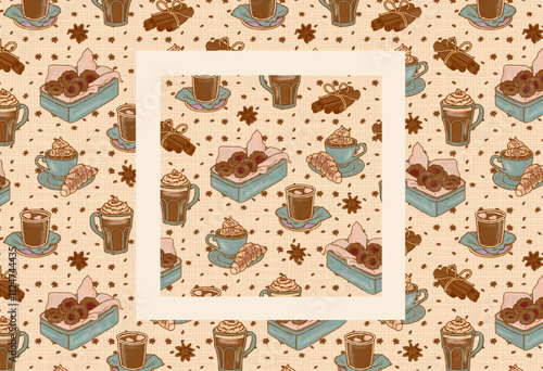 Cozy vintage kitchen food pattern for coffee shop, cafe, bakery, pastry shop packaging background. Beige retro ornament. Buns, cookies, coffee, croissants.