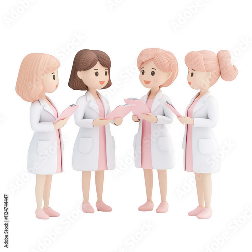 Four women in lab coats discussing research findings in a friendly atmosphere.