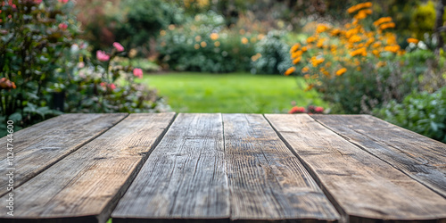 Rustic Wooden Table with Green Garden Background