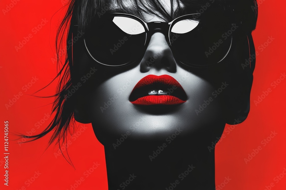A woman with red lips and sunglasses is the main focus of the image A woman with red lips and sunglasses is the main focus of the image