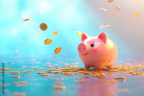 Pink piggy bank floating in water close-up bokeh background photo