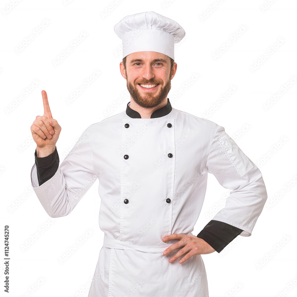 Smiling chef with a white uniform and hat, celebrates a culinary idea while pointing up., isolated on a transparent background. Smiling chef with a white uniform and hat, celebrates a culinary idea while pointing up., isolated on a transparent background.