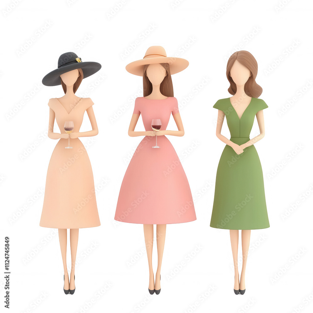 Three stylized women holding drinks, wearing fashionable summer dresses., isolated on a transparent background. Three stylized women holding drinks, wearing fashionable summer dresses., isolated on a transparent background.