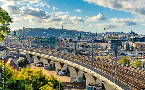 Canvas Print Railway viaduct in Prague center. View from Vitkov hill