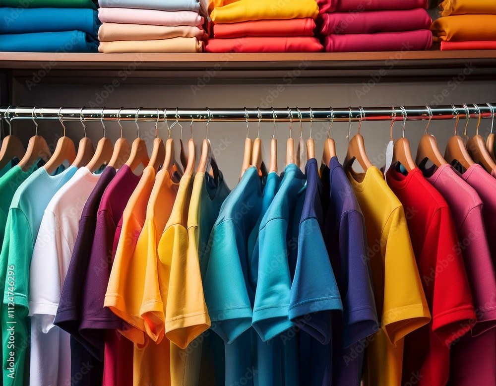 Generated image A vibrant display of various t-shirts hanging on a rack, showcasing different colors Generated image A vibrant display of various t-shirts hanging on a rack, showcasing different colors