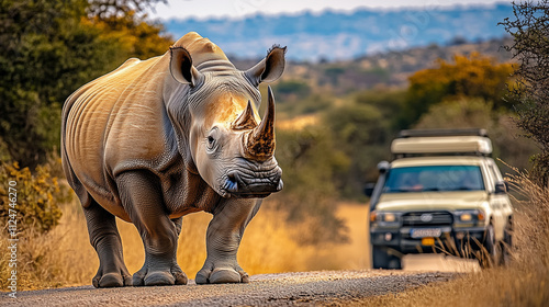 Rhinoceros on a dirt road in grassland with safari vehicle