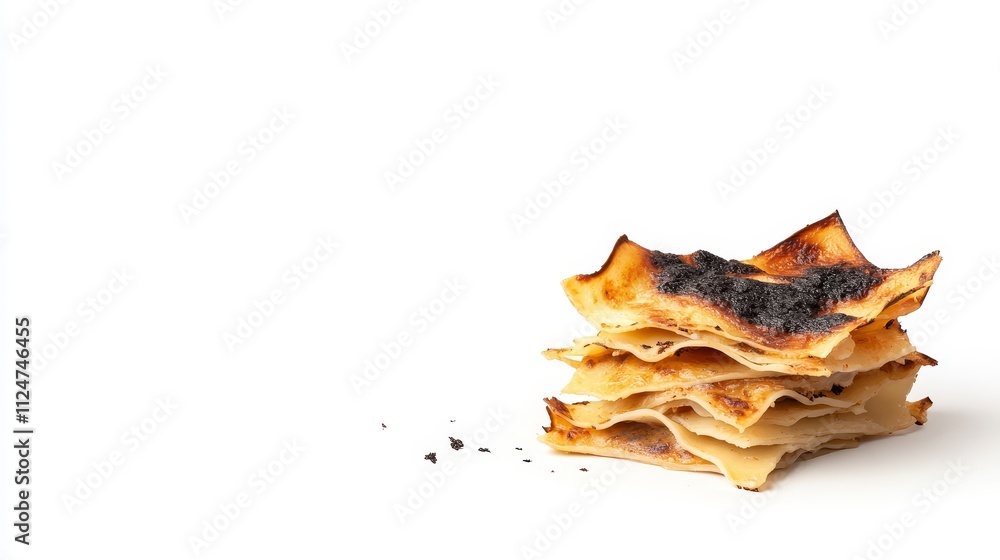 Stacked Layers of Crispy Flatbread with a Golden Brown and Charred Texture on a Minimalist White Background for Culinary and Food Photography Stacked Layers of Crispy Flatbread with a Golden Brown and Charred Texture on a Minimalist White Background for Culinary and Food Photography