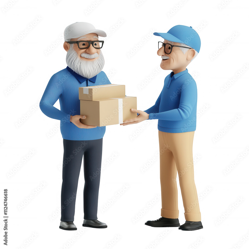 Two elderly men exchanging a package, symbolizing friendship and connection., isolated on a transparent background. Two elderly men exchanging a package, symbolizing friendship and connection., isolated on a transparent background.