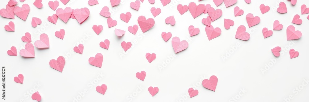 Pink paper hearts confetti scattered over a white background, texture Pink paper hearts confetti scattered over a white background, texture