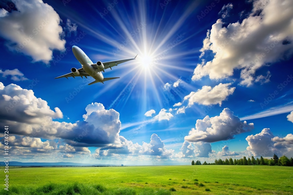 A Stunning, Crystal-Clear Day Showcasing a Brilliant Blue Sky with Fluffy White Clouds and a Solo Plane Gliding in the Distant Horizon, Perfect for Nature and Travel Enthusiasts A Stunning, Crystal-Clear Day Showcasing a Brilliant Blue Sky with Fluffy White Clouds and a Solo Plane Gliding in the Distant Horizon, Perfect for Nature and Travel Enthusiasts