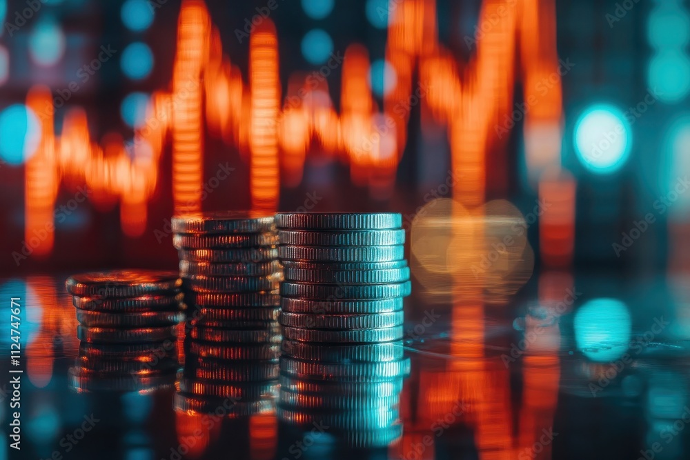 stacks of coins financial growth stock market chart red and blue tones shallow depth of field economic analysis reflective surface digital display business concept stacks of coins financial growth stock market chart red and blue tones shallow depth of field economic analysis reflective surface digital display business concept