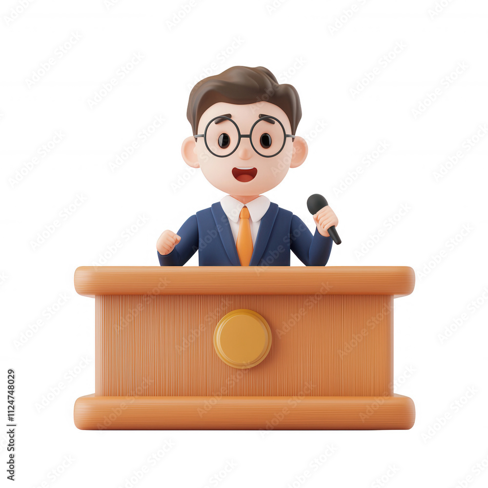 A cartoon character presenting at a podium with enthusiasm and confidence., isolated on a transparent background. A cartoon character presenting at a podium with enthusiasm and confidence., isolated on a transparent background.