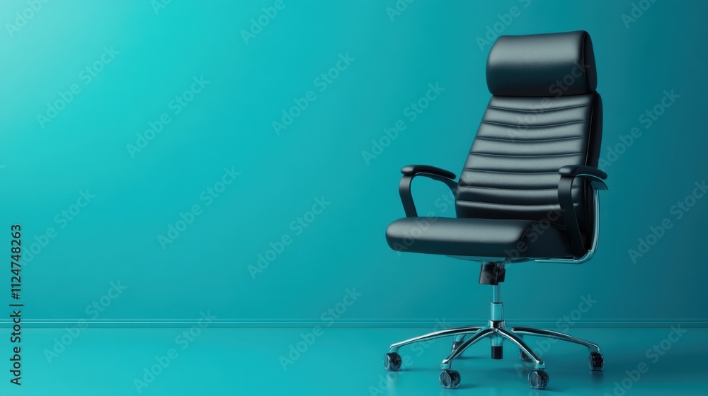 A comfortable black office chair with ergonomic design, showcased in a clean studio setting with a blue backdrop. A comfortable black office chair with ergonomic design, showcased in a clean studio setting with a blue backdrop.