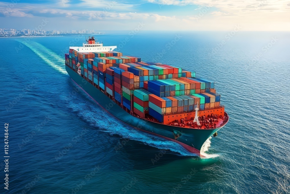 Fototapeta premium Container ship navigates through calm waters near a bustling coastal city at sunset