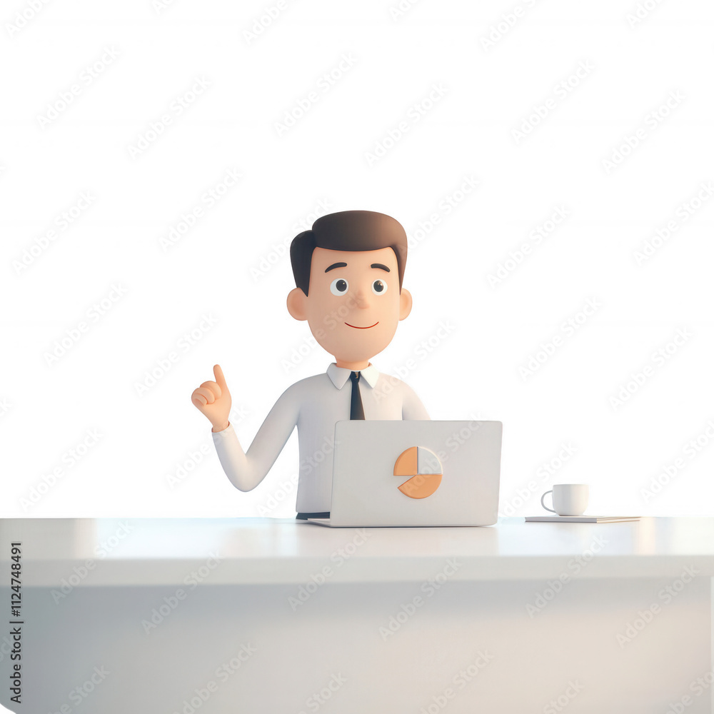 A cheerful 3D character presenting data on a laptop at a modern workspace., isolated on a transparent background. A cheerful 3D character presenting data on a laptop at a modern workspace., isolated on a transparent background.