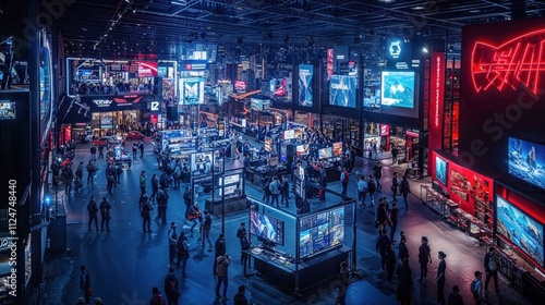 Futuristic gaming convention hall illuminated by neon lights and digital displays. Crowds explore interactive exhibits at esports event with cyberpunk atmosphere photo