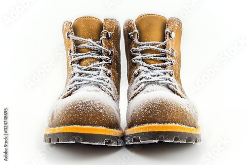 A pair of new brown leather shoes with shiny laces sits isolated on a white background, ready for a stylish fashion statemen photo