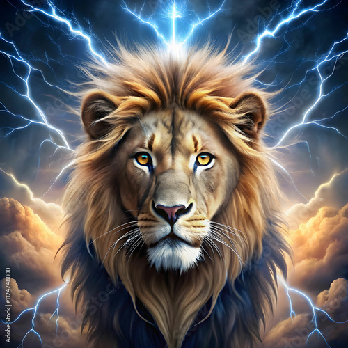 vector lion illustration with lightening background photo