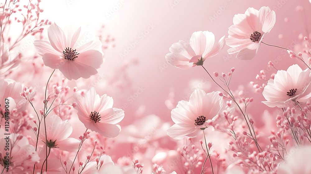 A pink background with white cosmos flowers A pink background with white cosmos flowers