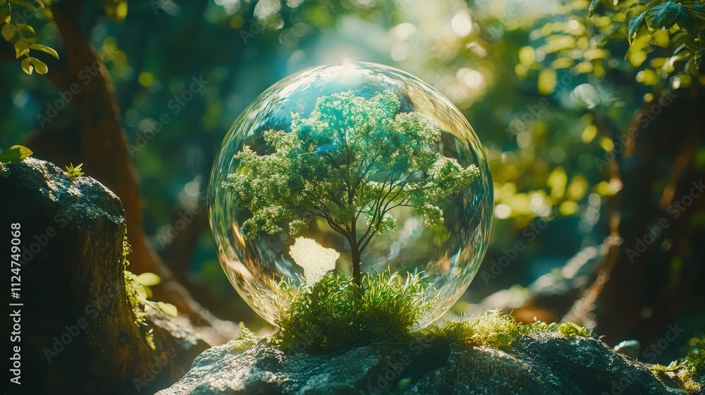 Transparent globe with embedded greenery placed in lush outdoor surroundings representing global ecology bright natural light Transparent globe with embedded greenery placed in lush outdoor surroundings representing global ecology bright natural light