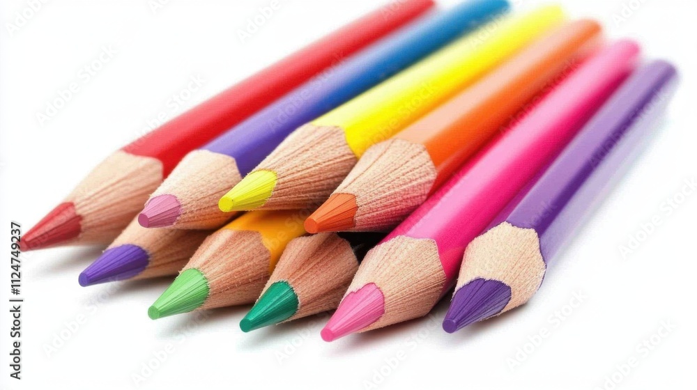 A creative composition of colored pencils, neatly aligned on a white surface, leaving ample space for educational themes. A creative composition of colored pencils, neatly aligned on a white surface, leaving ample space for educational themes.