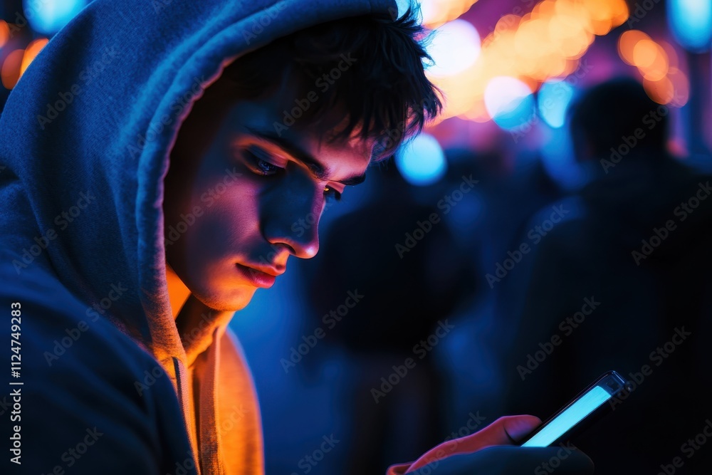 Fototapeta premium Young man in hoodie looking at smartphone dark moody lighting crowd in background