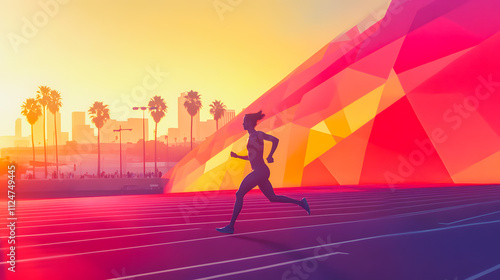 Silhouette of a sprinter running on a beach with palm trees with Los Angeles city in the background. Concept of victory and winning. Olympic Games. Los Angeles 2028. Athletics