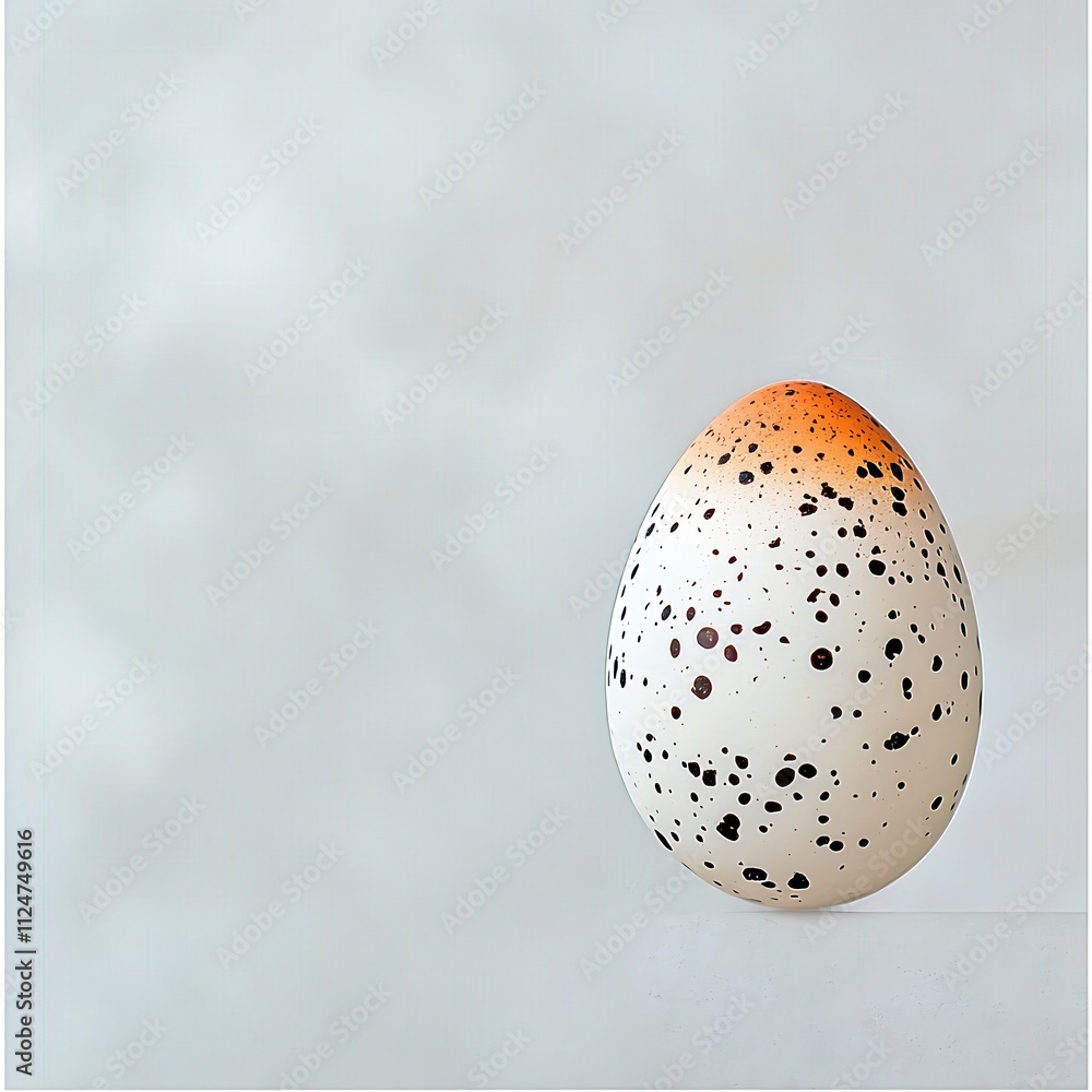 A white and orange egg with black spots sits on a table A white and orange egg with black spots sits on a table