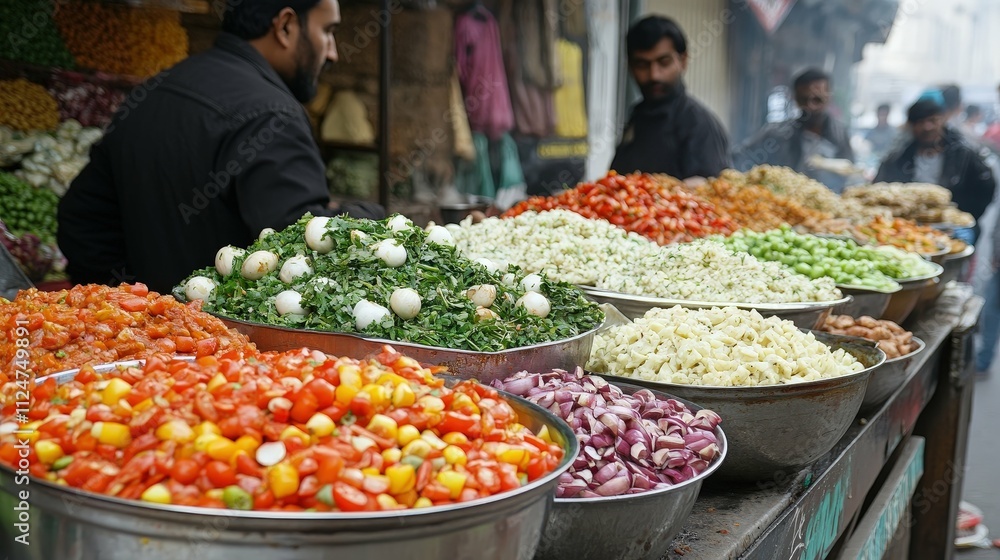 Obraz premium A street vendor preparing food at a bustling outdoor market colorful ingredients displayed with customers waiting in a lively atmosphere