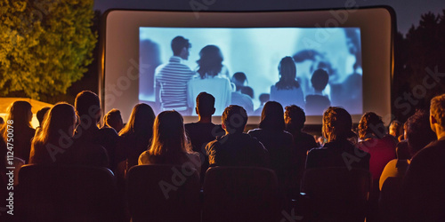 Outdoor movie screening attracts a lively audience at night photo