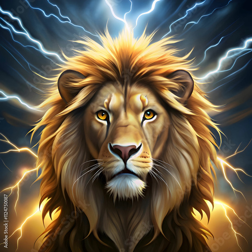 vector lion illustration with lightening background photo