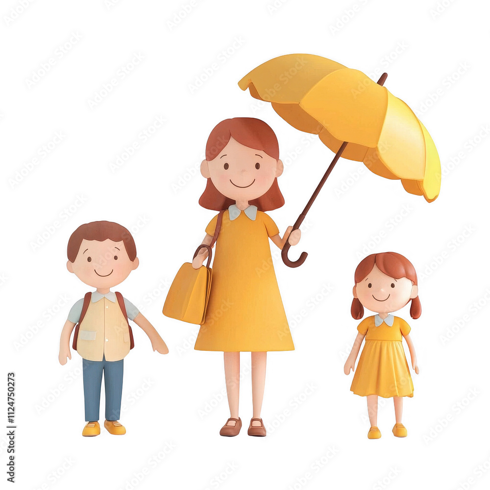 A cheerful family with a mother and two children enjoying a sunny day outdoors., isolated on a transparent background. A cheerful family with a mother and two children enjoying a sunny day outdoors., isolated on a transparent background.