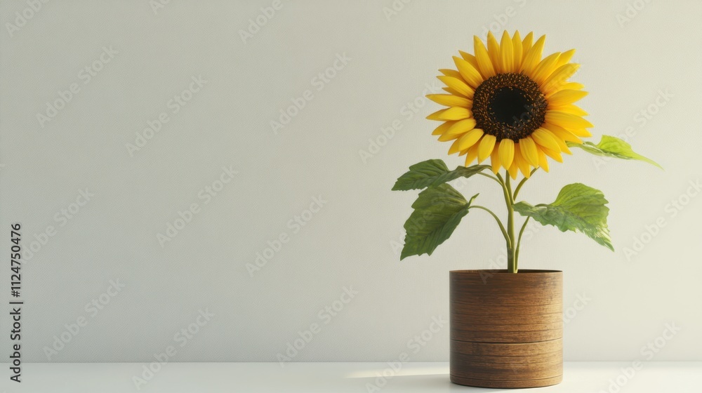 A decorative artificial sunflower in a wooden pot on a clean white surface, with an empty wall for creative use. A decorative artificial sunflower in a wooden pot on a clean white surface, with an empty wall for creative use.