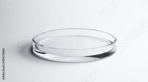 Transparent glass petri dish on a clean white background with soft shadows, perfect for laboratory experiments or culinary presentations, emphasizing simplicity and elegance