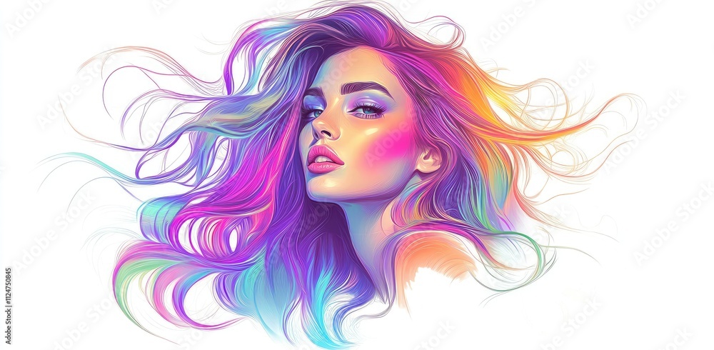 Beautiful woman with colorful hair isolated on a white background. Her long, wavy hair is in a vibrant, rainbow-like pastel color palette Beautiful woman with colorful hair isolated on a white background. Her long, wavy hair is in a vibrant, rainbow-like pastel color palette