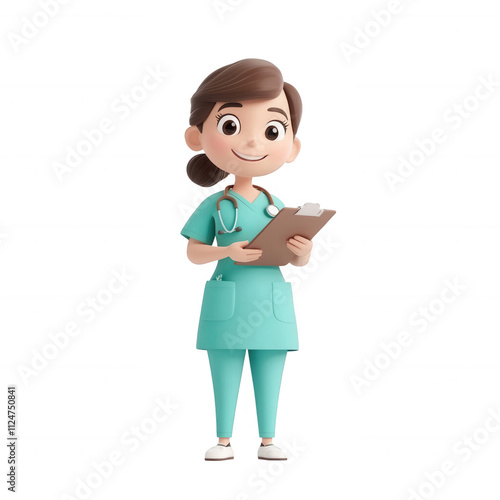 A cheerful nurse holding a clipboard, ready to help patients in a healthcare setting.