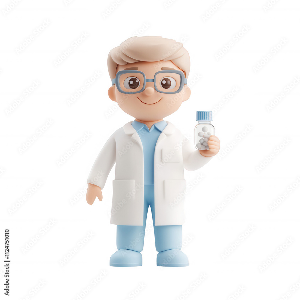 A cheerful scientist character holding a flask, symbolizing innovation and discovery., isolated on a transparent background.
