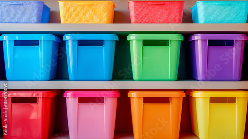 Containers. Cleaning of closet. Vertical tidying up storage.