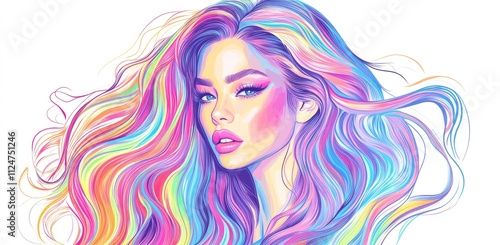 Beautiful woman with colorful hair isolated on a white background. Her long, wavy hair is in a vibrant, rainbow-like pastel color palette