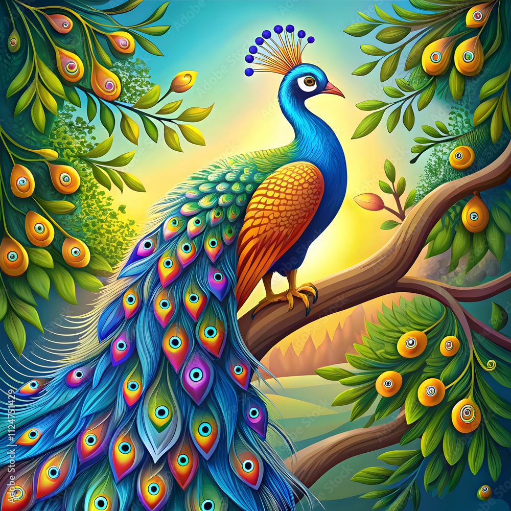 Fototapeta premium vibrant vector illustration of a peacock on a tree