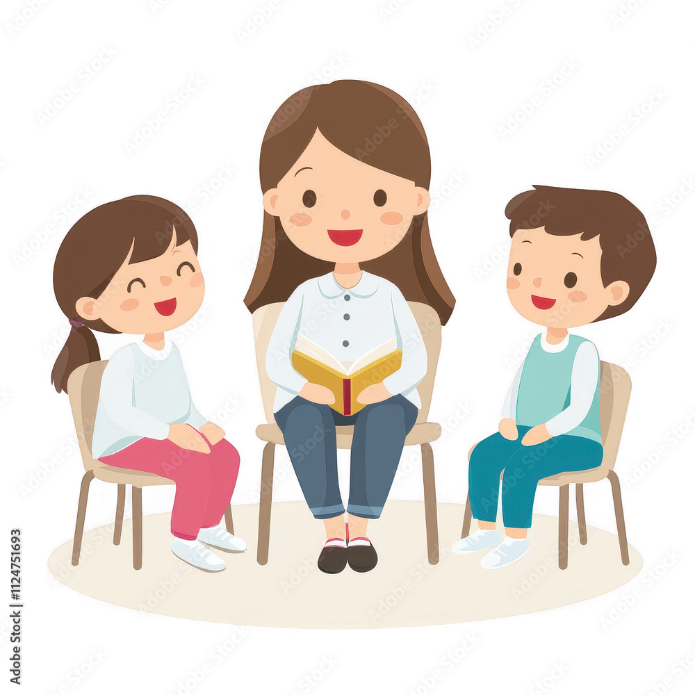A cheerful woman reading a book to two smiling children in a cozy setting., isolated on a transparent background. A cheerful woman reading a book to two smiling children in a cozy setting., isolated on a transparent background.