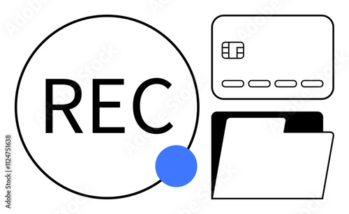 Credit card, file folder, and REC text with a blue dot indicating record-keeping. Ideal for finance, banking, data management, bookkeeping, accounting digital payments secure transactions. Line