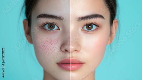 Cosmetology Beauty Procedures, Asian Woman, Treatment Dermatology, Acne, Before and After Banner
