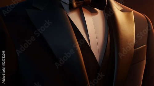 A man in a black suit and tie with a gold bow tie