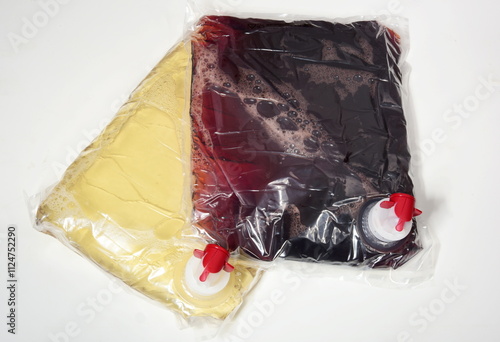 Wine in a 1.5 liter plastic bag on white background, Wine in plastic bags