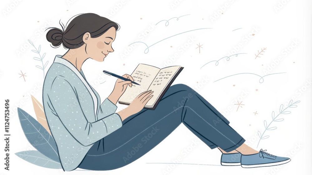 Obraz premium Woman Writing in a Journal in a Serene Setting During a Calm Afternoon. Generative AI
