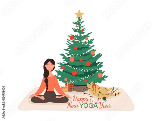 Happy New Yoga Year with women meditating in lotus pose and playful cat playing with decoration in paws and garland. Vector illustration isolated on white background