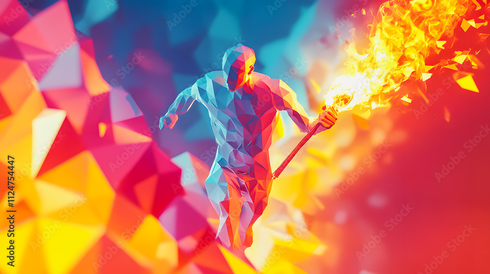 Obraz premium Abstract Olympic Torch for Los Angeles 2028 – Geometric Design in City Colors, Symbolizing Energy, Modernity, and the Spirit of the Olympic Games in a Futuristic Artistic Style
