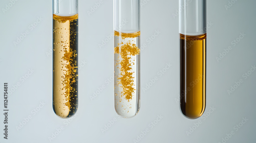 Golden Particles in Test Tubes, Light Gold and Amber Elegance on White Background, High-Resolution Scientific Imagery. Golden Particles in Test Tubes, Light Gold and Amber Elegance on White Background, High-Resolution Scientific Imagery.
